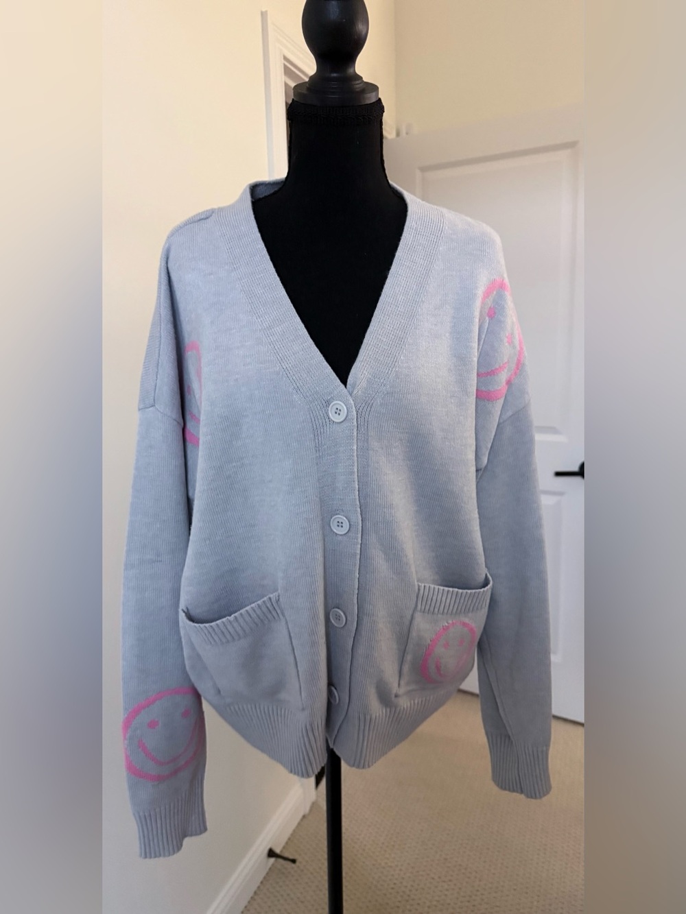 Elan Light Gray Cardigan Sweater with Pink Smiley Motifs